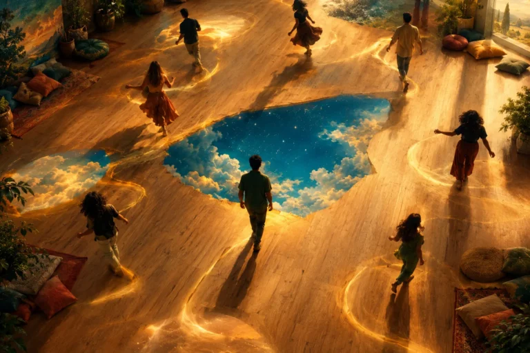 Figuras em movimento numa sala ampla, com espaços vazios entre elas